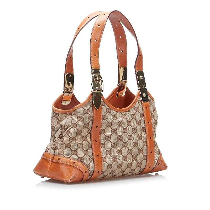 Women Gucci bags with a chain - link trim and a leather bodyGucci GG Canvas  Shoulder Bag (83BnLV)