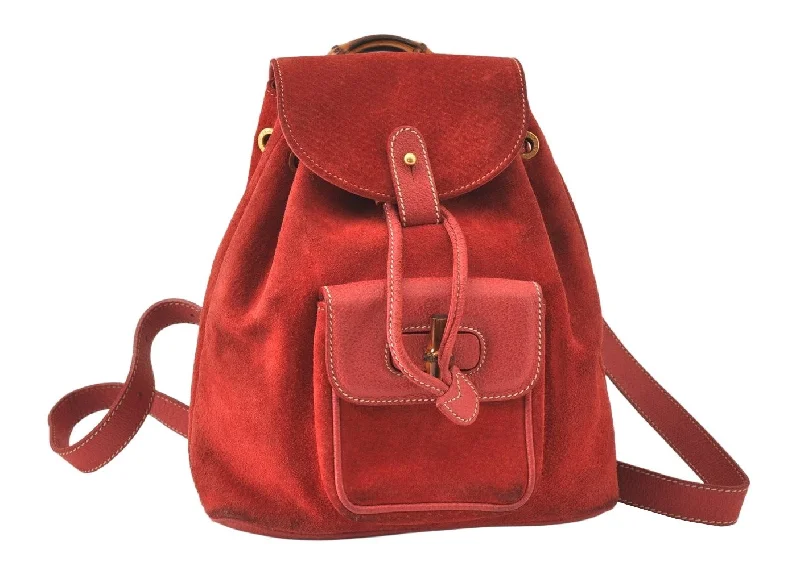 Women Gucci crossbody bags with a woven leather strapAuthentic GUCCI Vintage Bamboo Drawstring Backpack Suede Leather Red 4527K