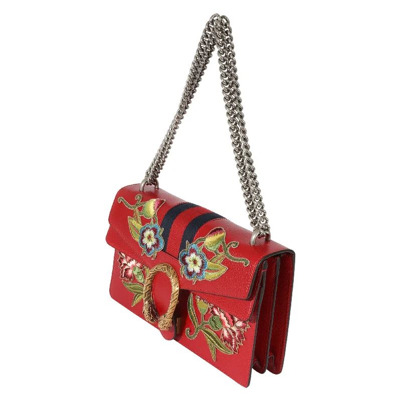 Ladies Gucci shoulder bags with a wide - width strapGucci Red Leather Floral Embroidered Small Dionysus