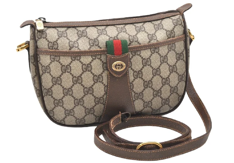 Ladies Gucci shoulder bags with a single - handle designAuthentic GUCCI Web Sherry Line Shoulder Bag GG PVC Leather Brown Junk 4640K