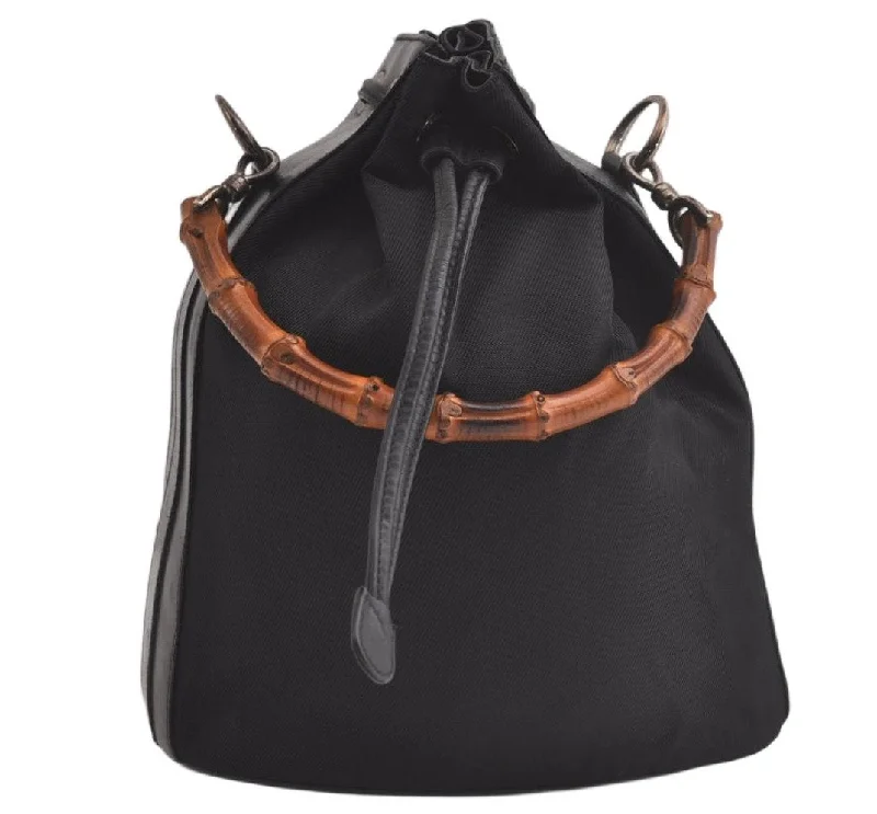 Gucci handbags for women with a metal - framed claspAuthentic GUCCI Vintage Bamboo Drawstring Bag Purse Nylon Leather Black 4603K