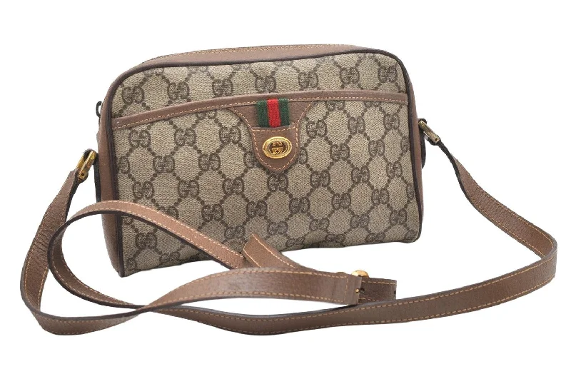 Women Gucci Sylvie bags featuring the signature web stripeAuthentic GUCCI Web Sherry Line Shoulder Bag GG PVC Leather Brown Junk 4590K