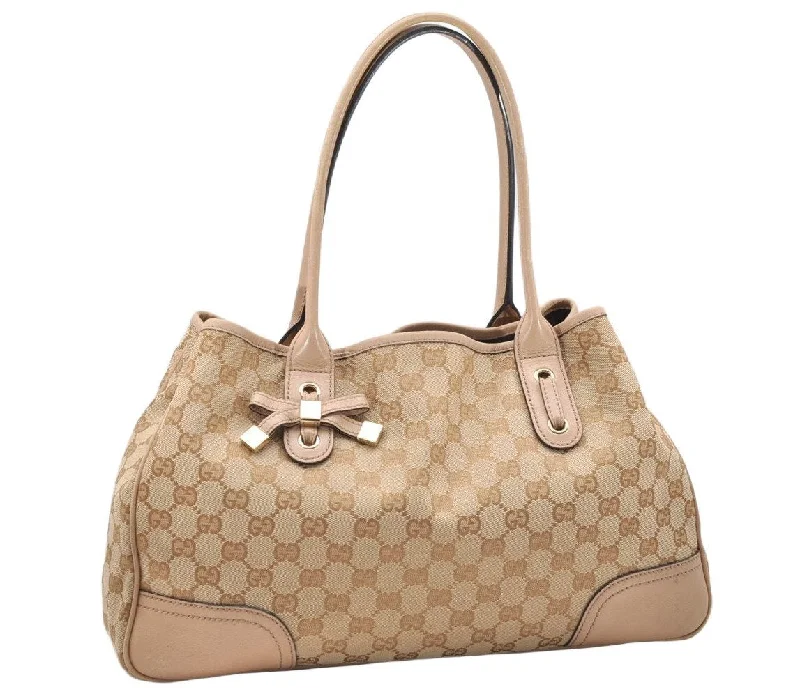 Women Gucci tote bags in GG Supreme canvas for a branded feelAuthentic GUCCI Princy GG Canvas Leather Shoulder Tote Bag 163805 Beige 4738K