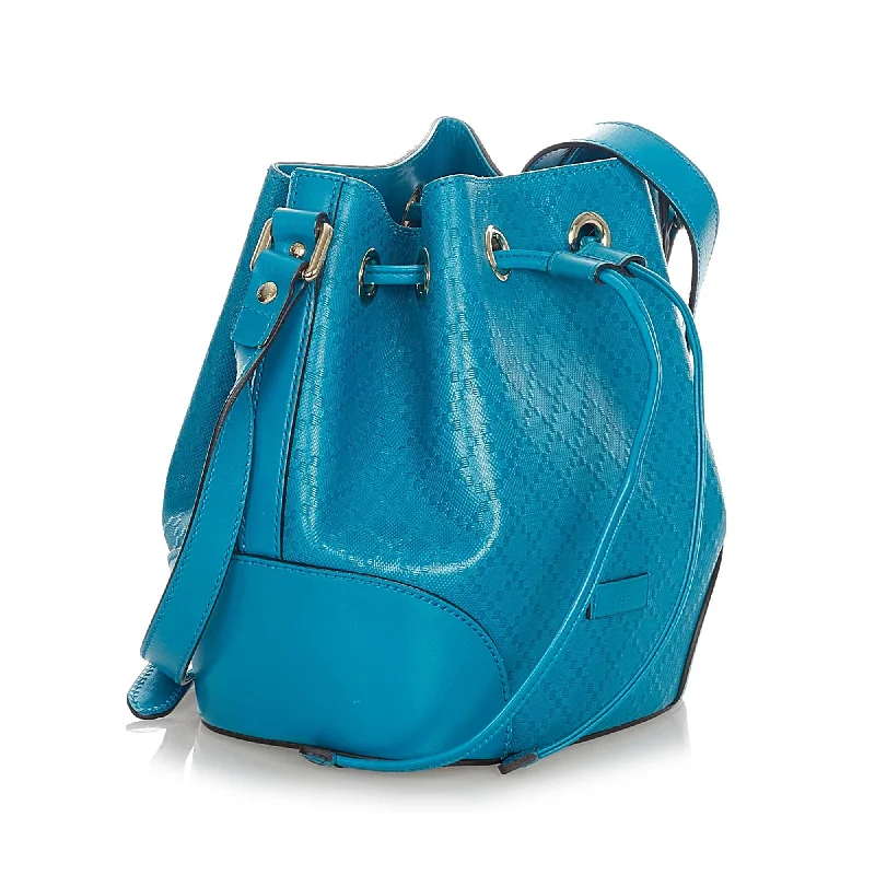 Women Gucci bags with a front - zip pocket for small itemsGucci Diamante Bright Leather Bucket Bag (23244)