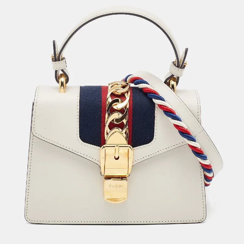 Women Gucci bags with a chain - link trim and a leather bodyGucci White Leather Mini Web Sylvie Top Handle Bag