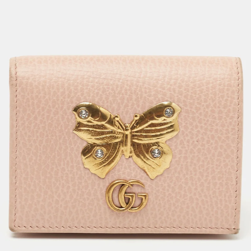 Ladies Gucci handbags with a detachable coin purse insideGucci Light Pink Leather Butterfly Embellished Flap Card Case