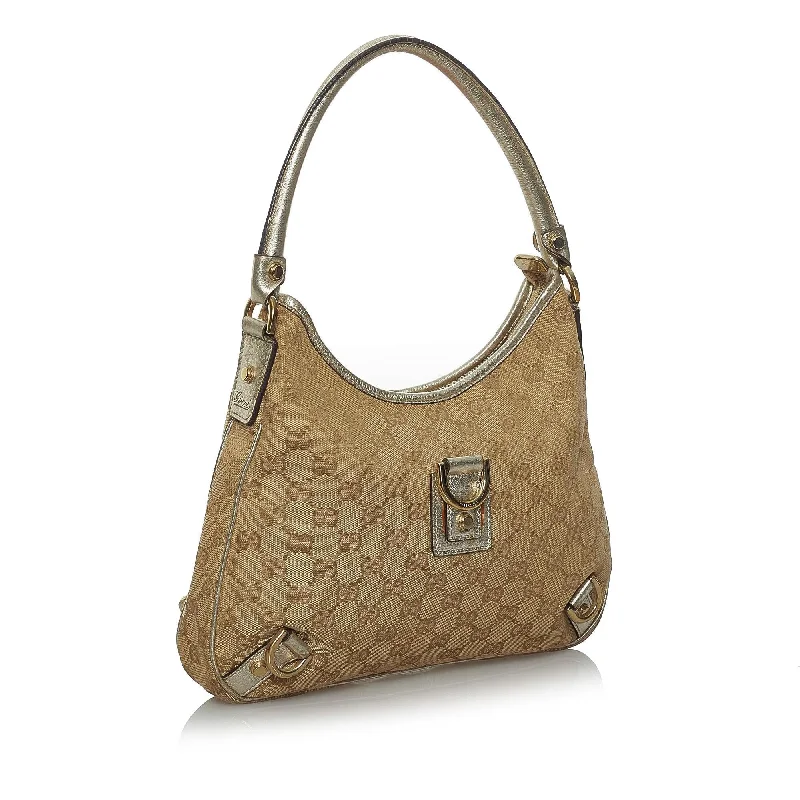 Women Gucci bags with a chain - link trim and a leather bodyGucci GG Canvas Abbey D-Ring Handbag (33715)