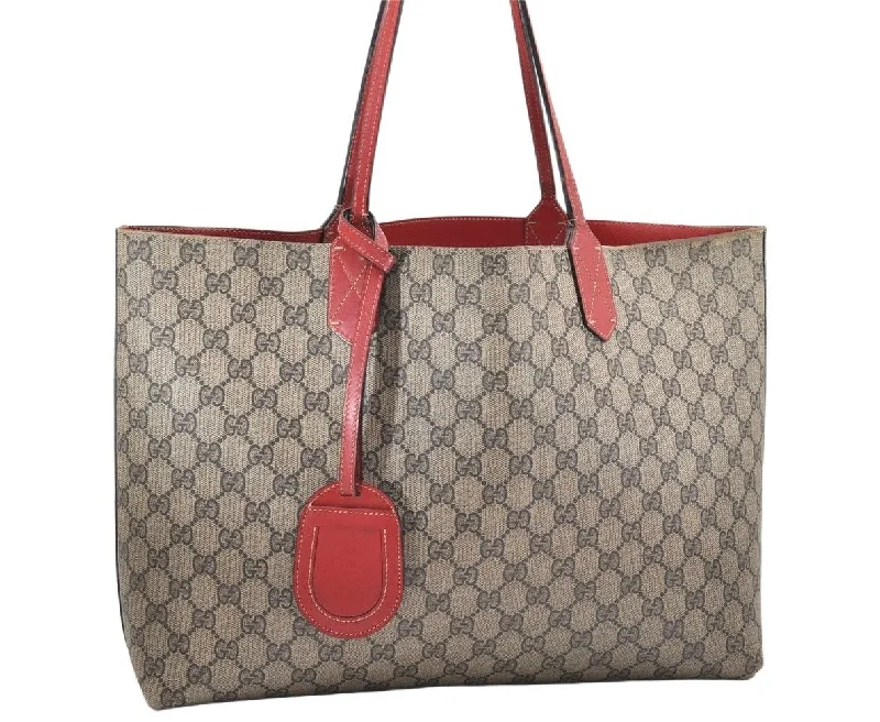 Ladies Gucci shoulder bags with a wide - width strapAuthentic GUCCI Reversible Shoulder Tote Bag GG PVC Leather 368568 Brown 4462K