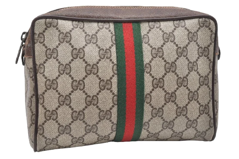 Women Gucci crossbody bags with a woven leather strapAuthentic GUCCI Web Sherry Line Clutch Hand Bag Purse GG PVC Leather Brown 4768K