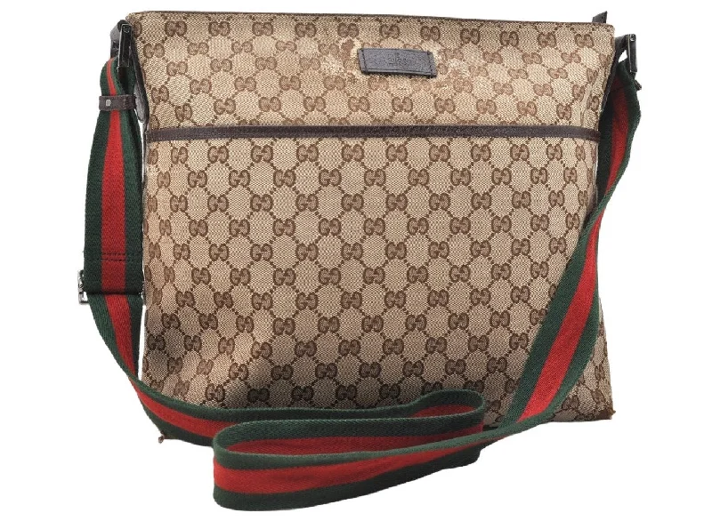 Women Gucci crossbody bags with a woven leather strapAuthentic GUCCI Web Sherry Line Shoulder Bag GG Canvas Leather Brown 4703K