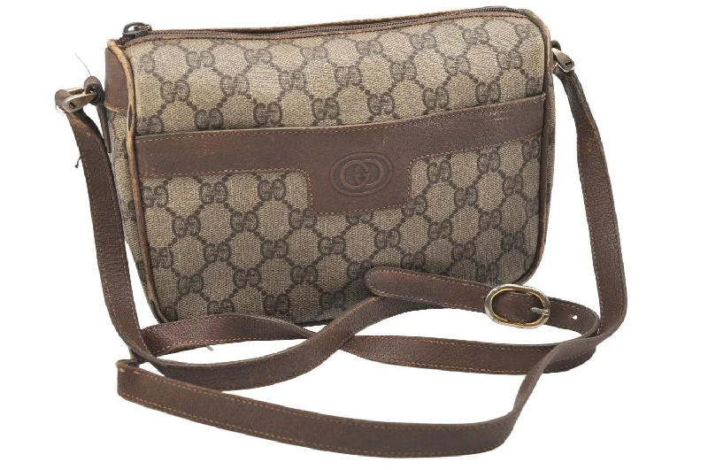 Ladies Gucci handbags with a detachable coin purse insideAuthentic GUCCI Shoulder Cross Body Bag Purse GG PVC Leather Brown Junk 4520K