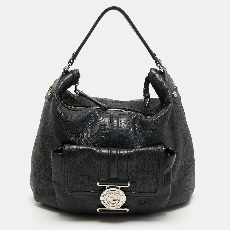 Women Gucci bags with a front - flap pocket for quick - access itemsGucci Black Grained Leather Medium G Coin Hobo