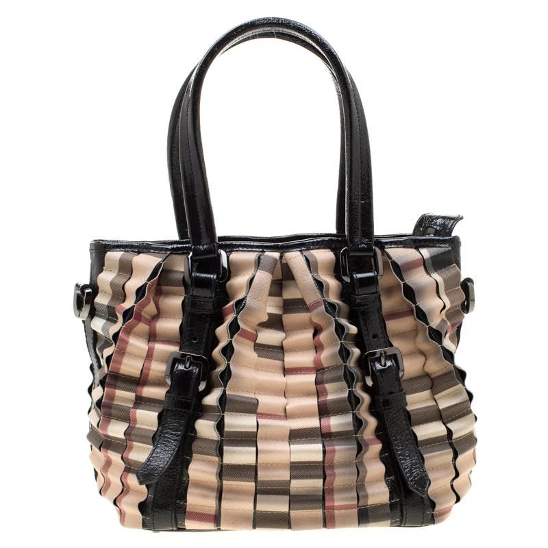 Burberry Bags for Women's Spring 2025 CollectionBurberry Black/Beige Nova Check PVC and Patent Leather Cartridge Pleat Tote