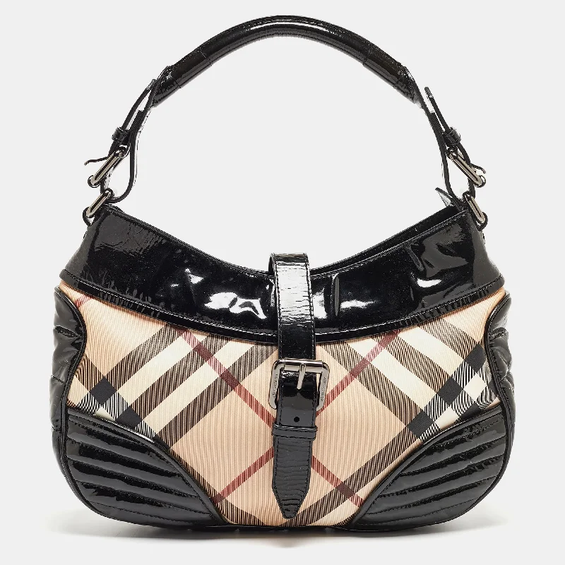 Stylish Burberry Tote Bags for Office UseBURBERRY Black/Beige Nova Check PVC and Patent Leather Hobo