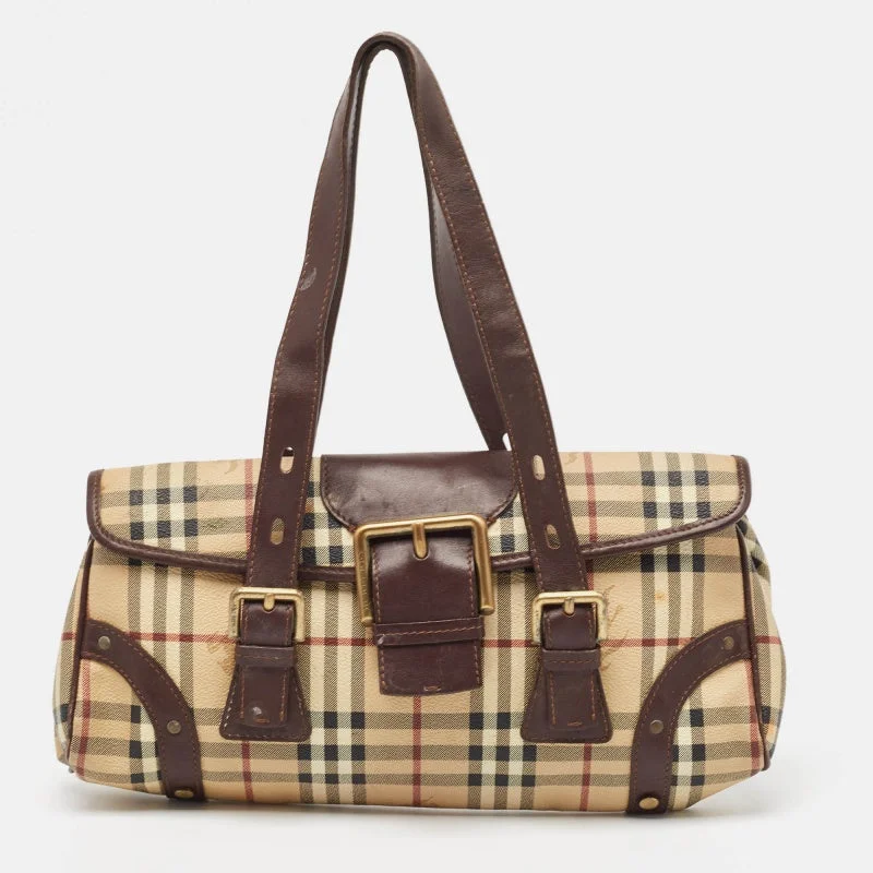 Sporty Burberry Bags for Athletic ActivitiesBURBERRY Brown/Beige House Check PVC and Leather Buckle Flap Bag