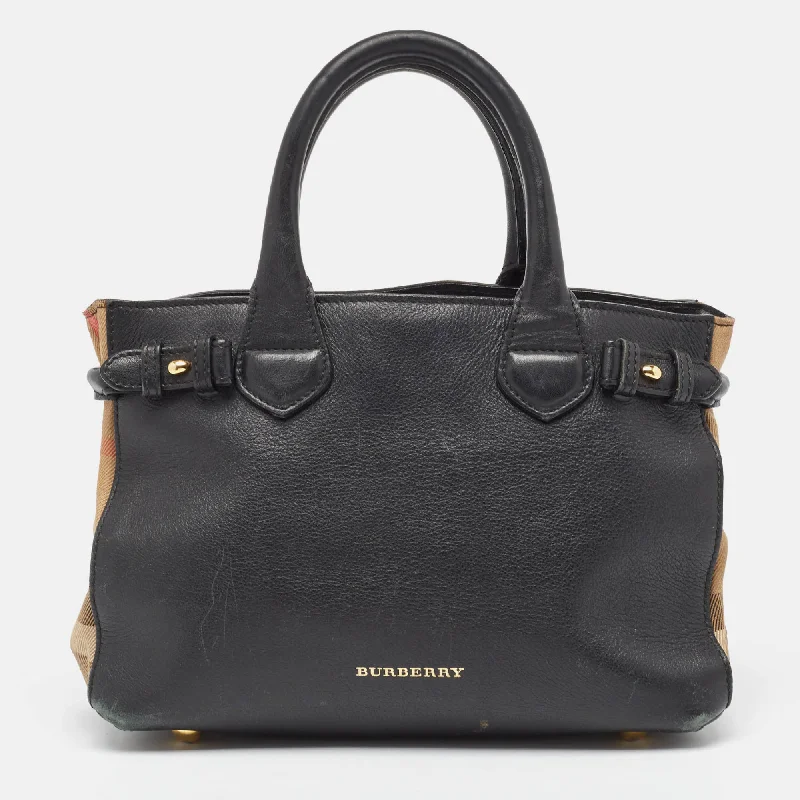 Sustainable and Ethical Burberry Bags for Conscious ConsumersBURBERRY Black/Beige Leather and House Check Fabric Small Banner Tote