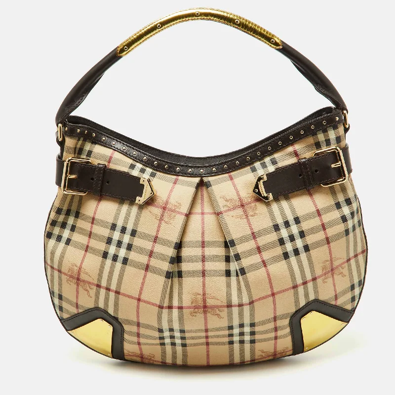 Travel - Approved Burberry Carry - on BagsBURBERRY Dark Brown/Beige House Check PVC and Leather Studded Hartley Hobo