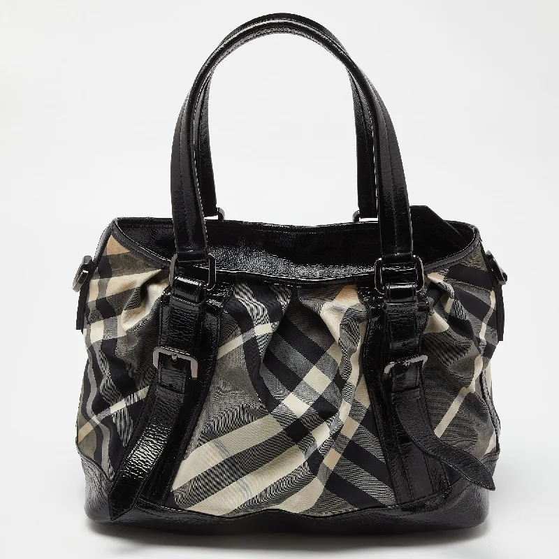 Adjustable Strap Burberry Messenger BagsBURBERRY Black/Grey Beat Check Canvas and Patent Leather Lowry Tote