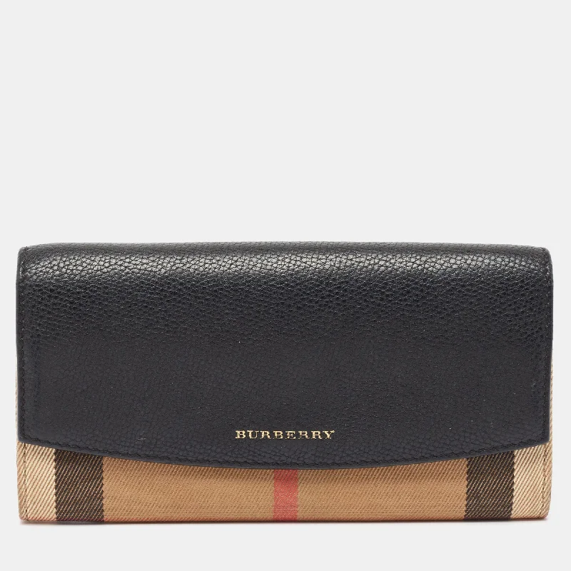 Dark - Hued Burberry Bags for a Sophisticated LookBURBERRY Black/Beige House Check Canvas and Leather Flap Continental Wallet