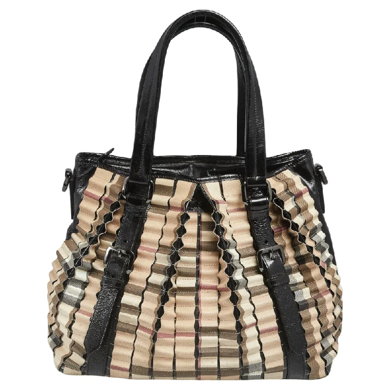 Burberry Bags with Chain Straps for a Chic VibeBurberry Black/Beige House Check PVC and Patent Leather Lowry Ruffled Tote